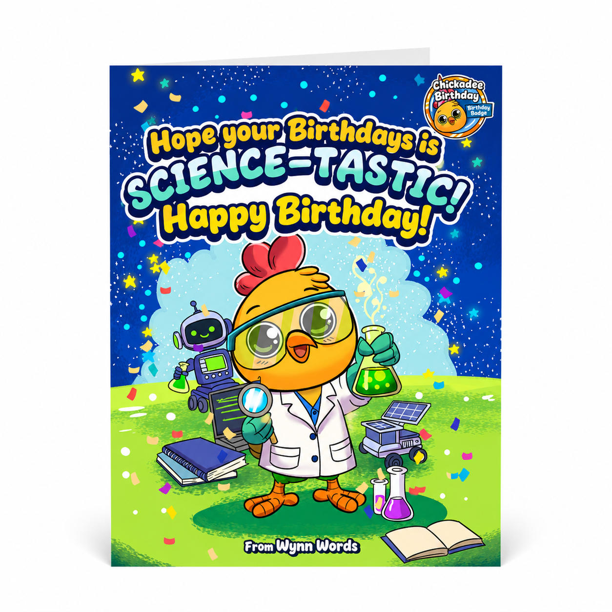 Science-Tastic Birthday Card for Kids – Happy Birthday Scientist Greeting Card with Birthday Badge
