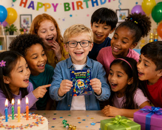 Blast Off It’s Your Birthday! Space-Themed Kids Birthday Card with Birthday Badge